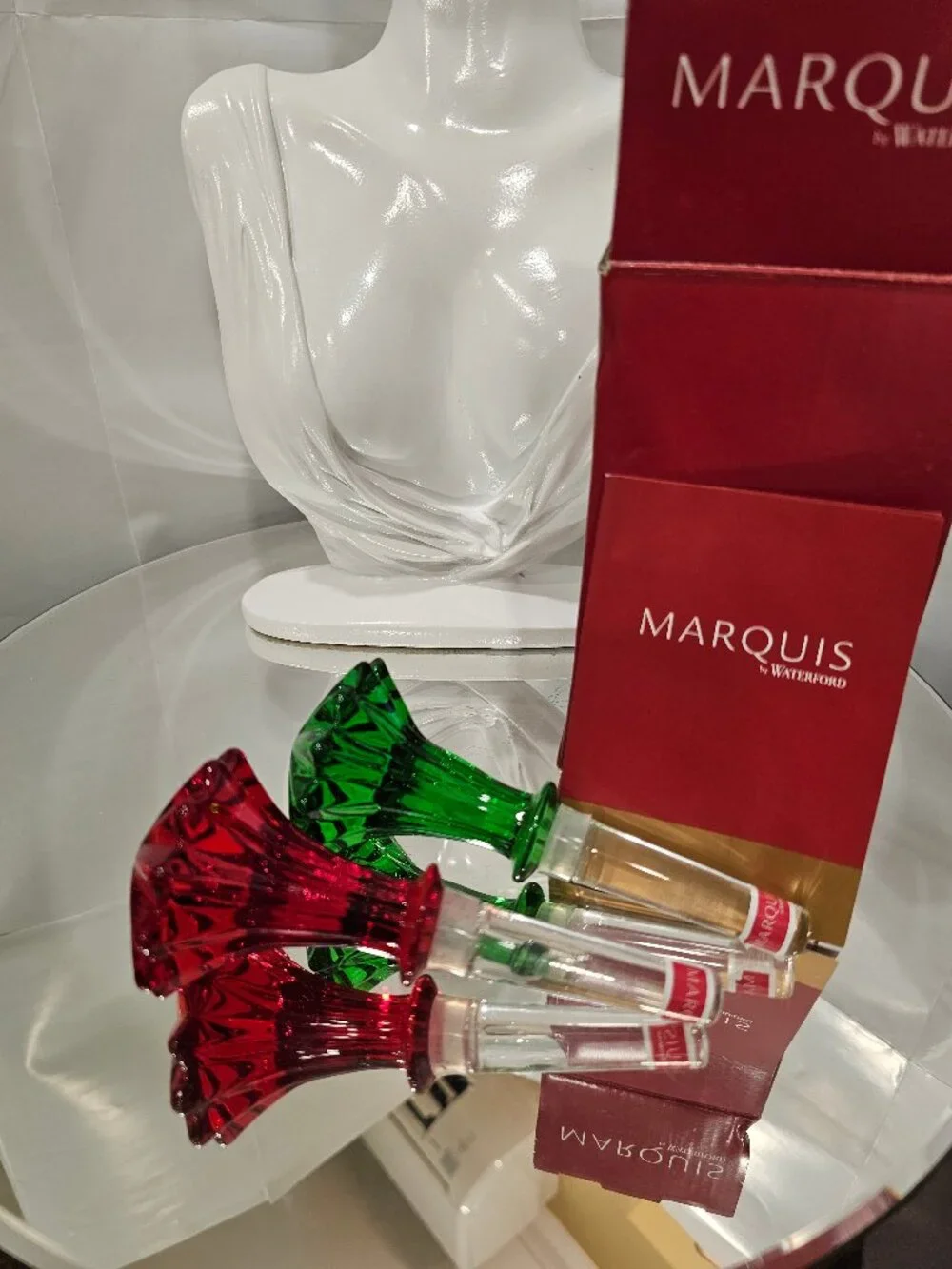 Waterford Marquis Set of 2 Vintage Crystal Wine Stoppers, red/green in Box